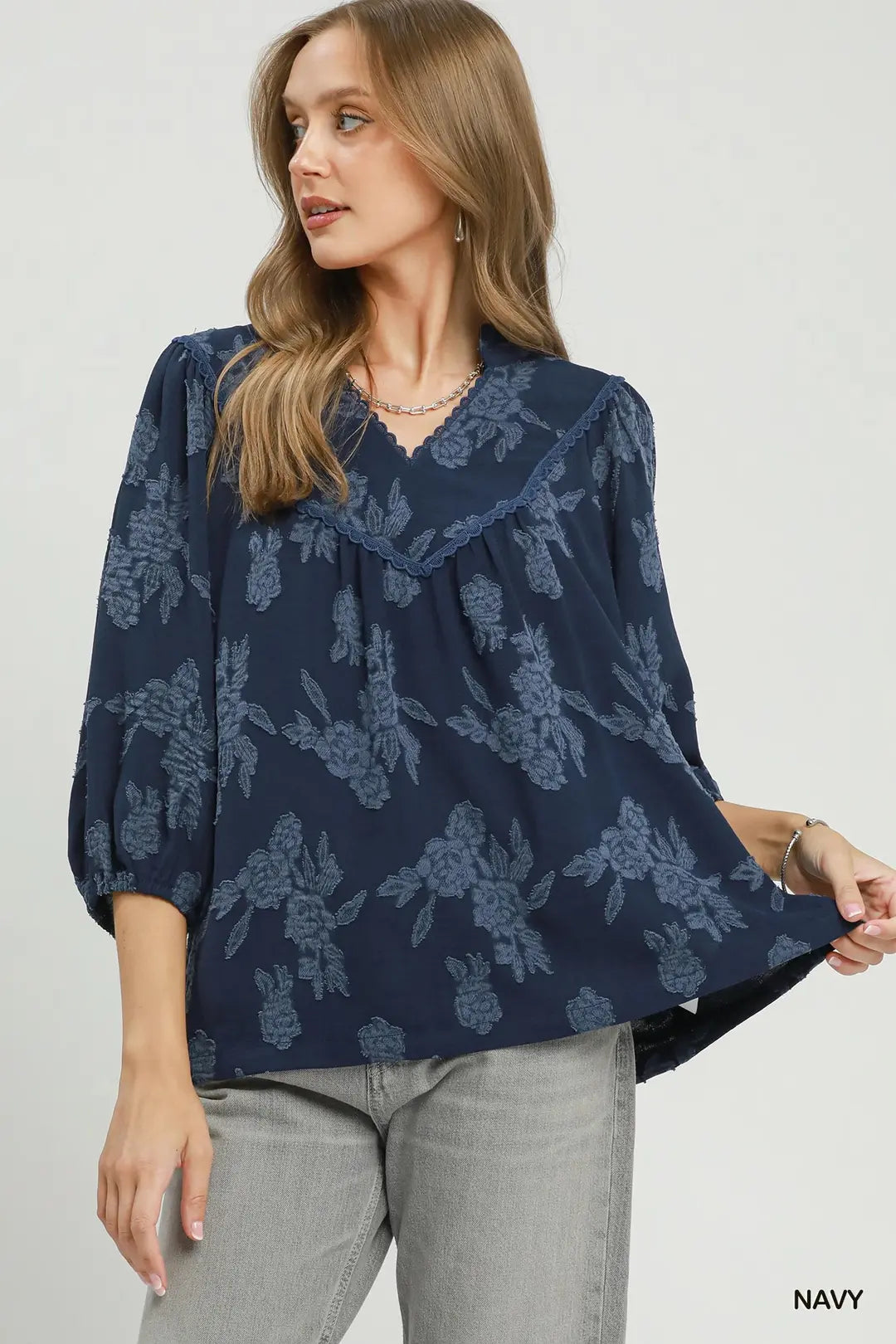 Textured Scalloped V-Neck Blouse