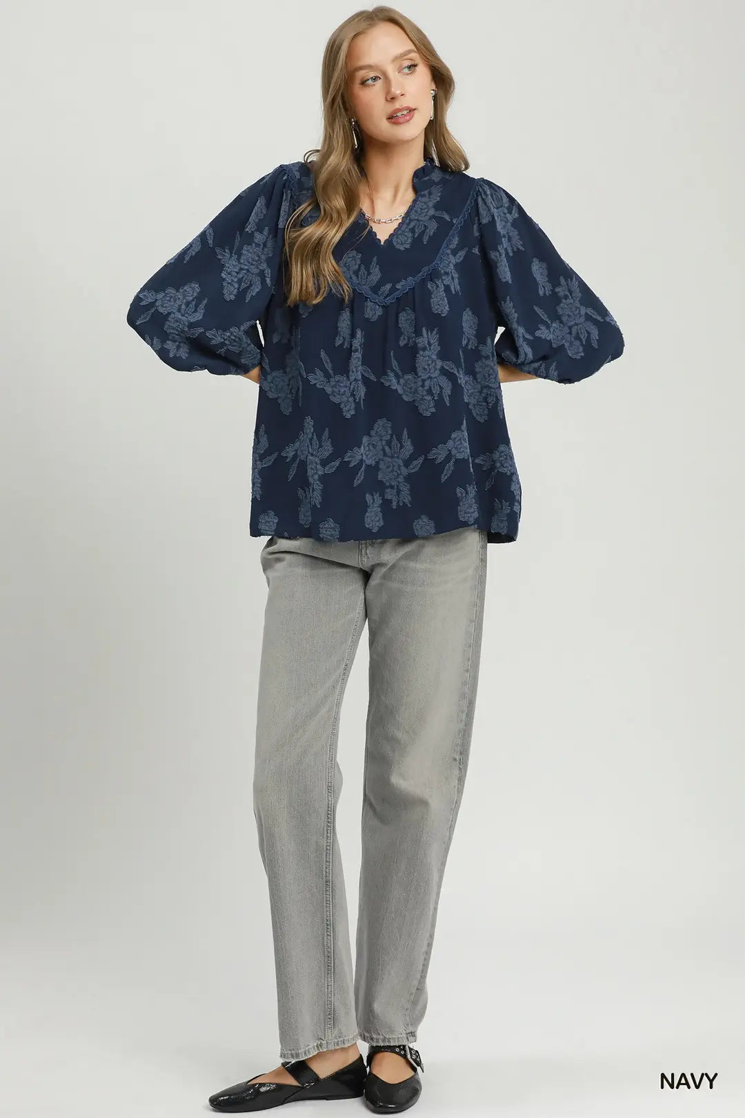 Textured Scalloped V-Neck Blouse