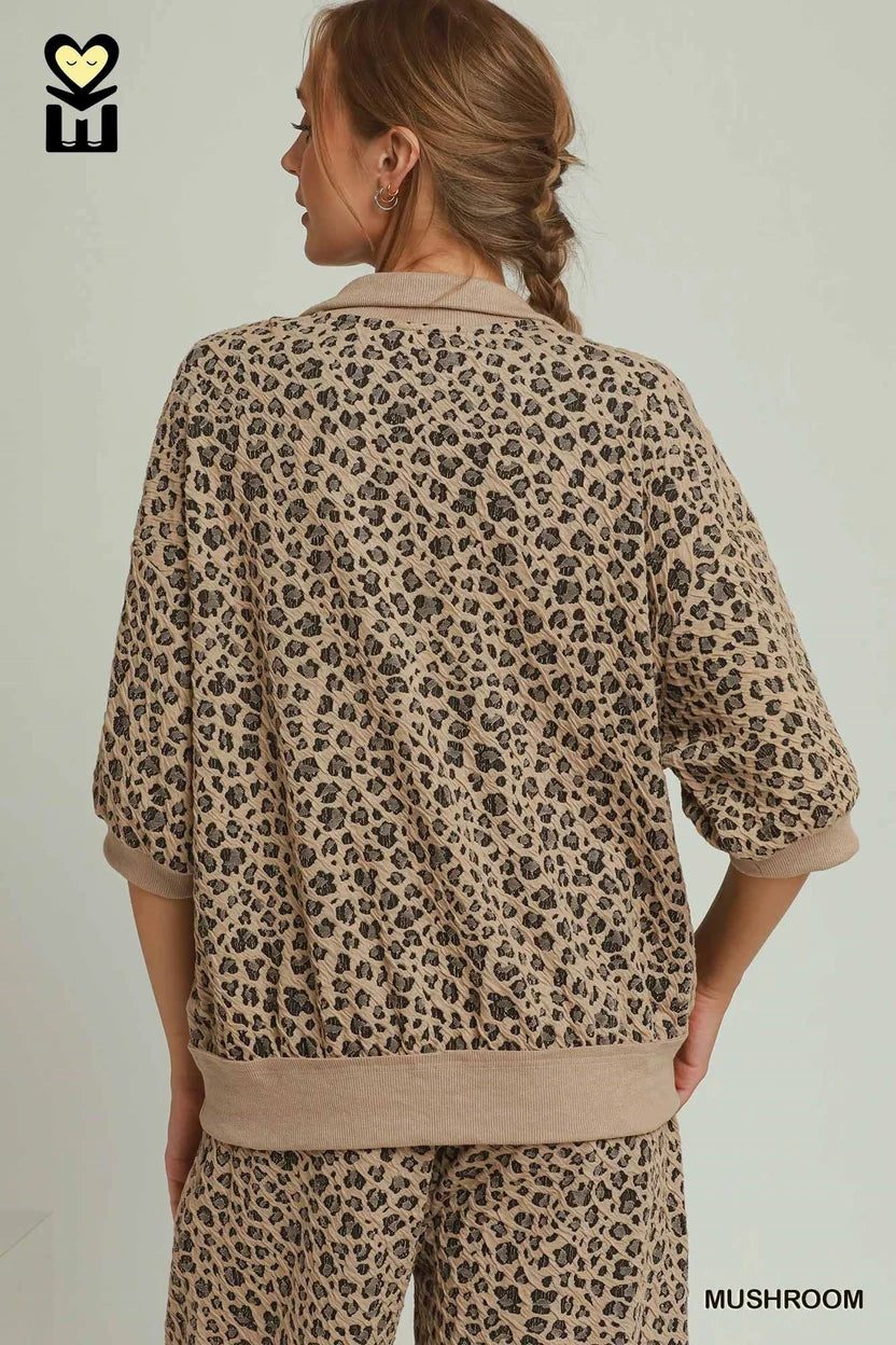 Leopard Jacquard Half Zip Pullover and Pant Set