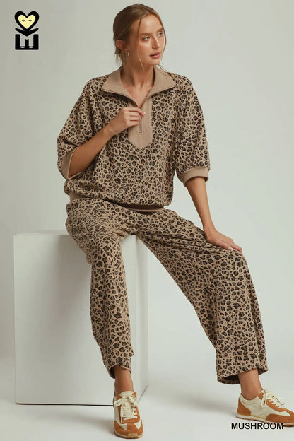 Leopard Jacquard Half Zip Pullover and Pant Set