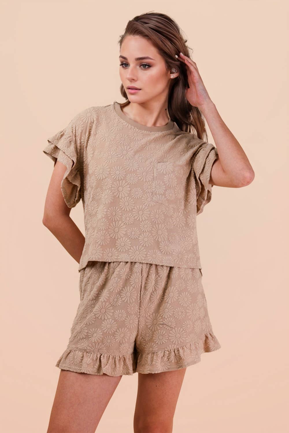 Curvy Floral Textured Knit Top & Shorts Set