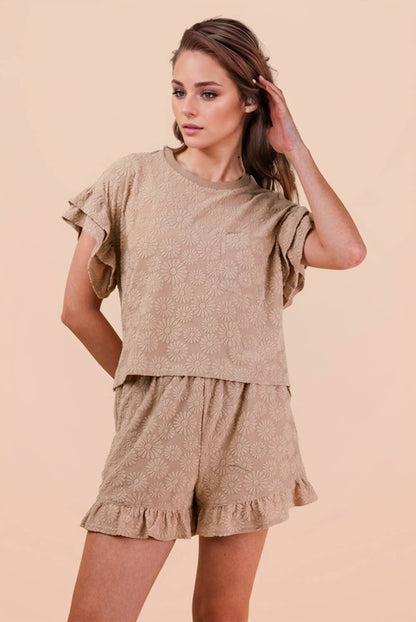 Curvy Floral Textured Knit Top & Shorts Set