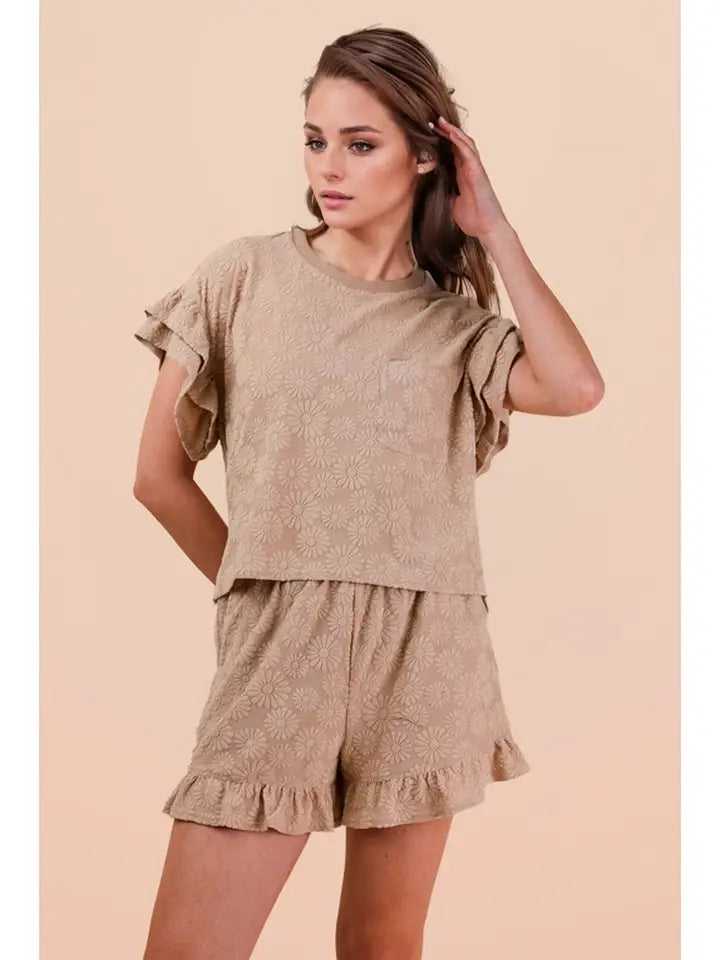 Floral Textured Ruffled Knit Top & Shorts Set