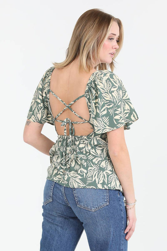 Strappy V Neck Top with Puff Sleeves