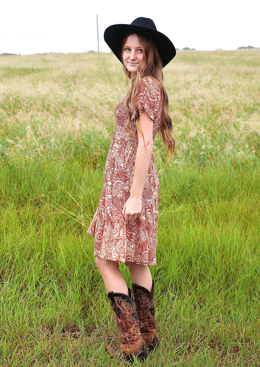 V Neck Smocked Bodice Dress