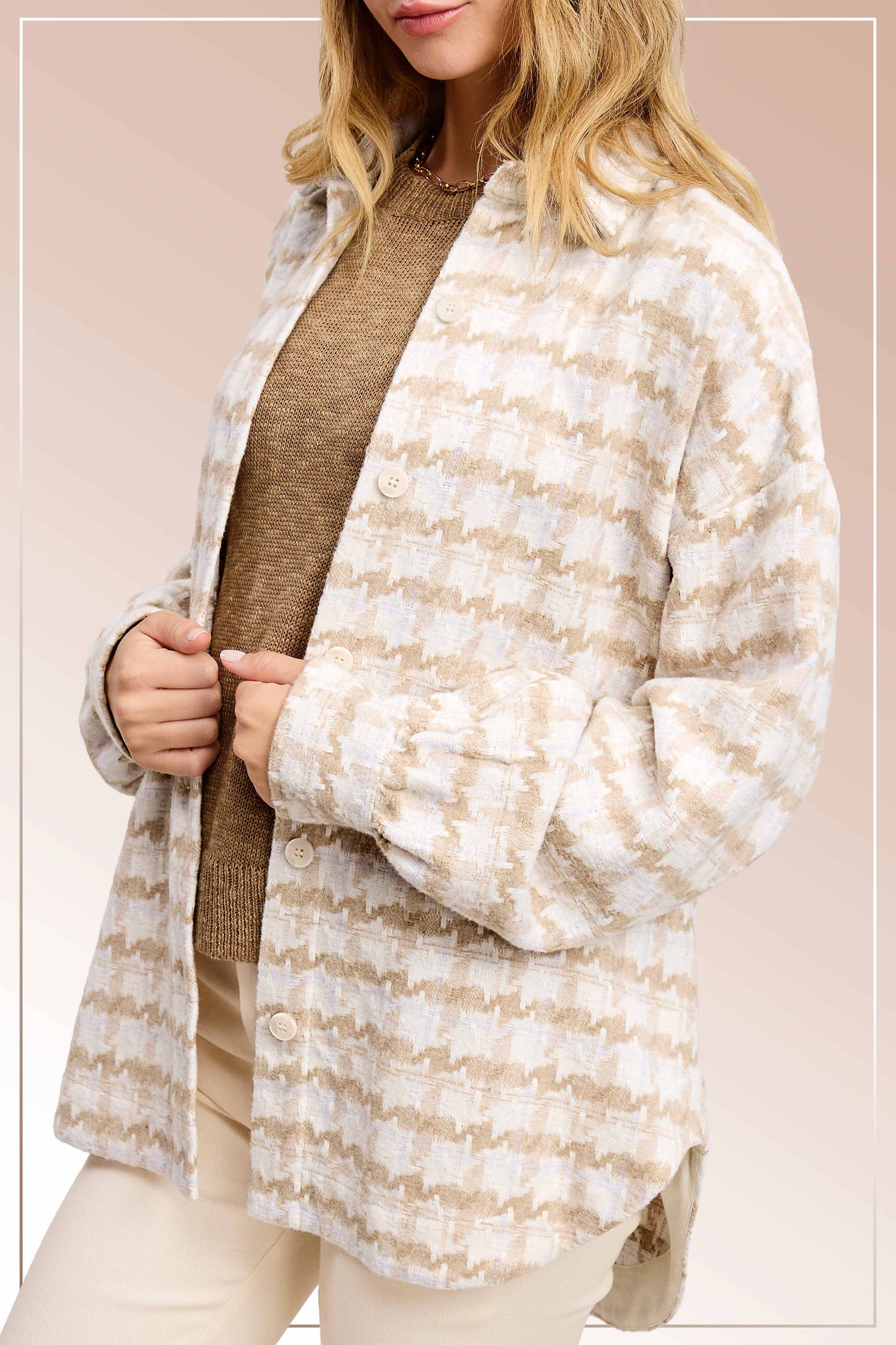 Oversized Houndstooth Patterned Soft Brushed Shacket