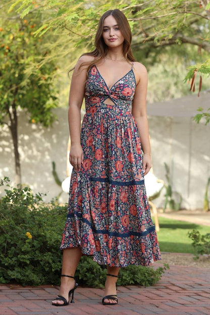V Neck Twist Front Lace Trim Maxi Dress