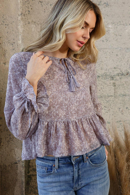 Chiffon Clip Dot Jacquard Peplum Tie Front Blouse - Southern Sassy Boutique