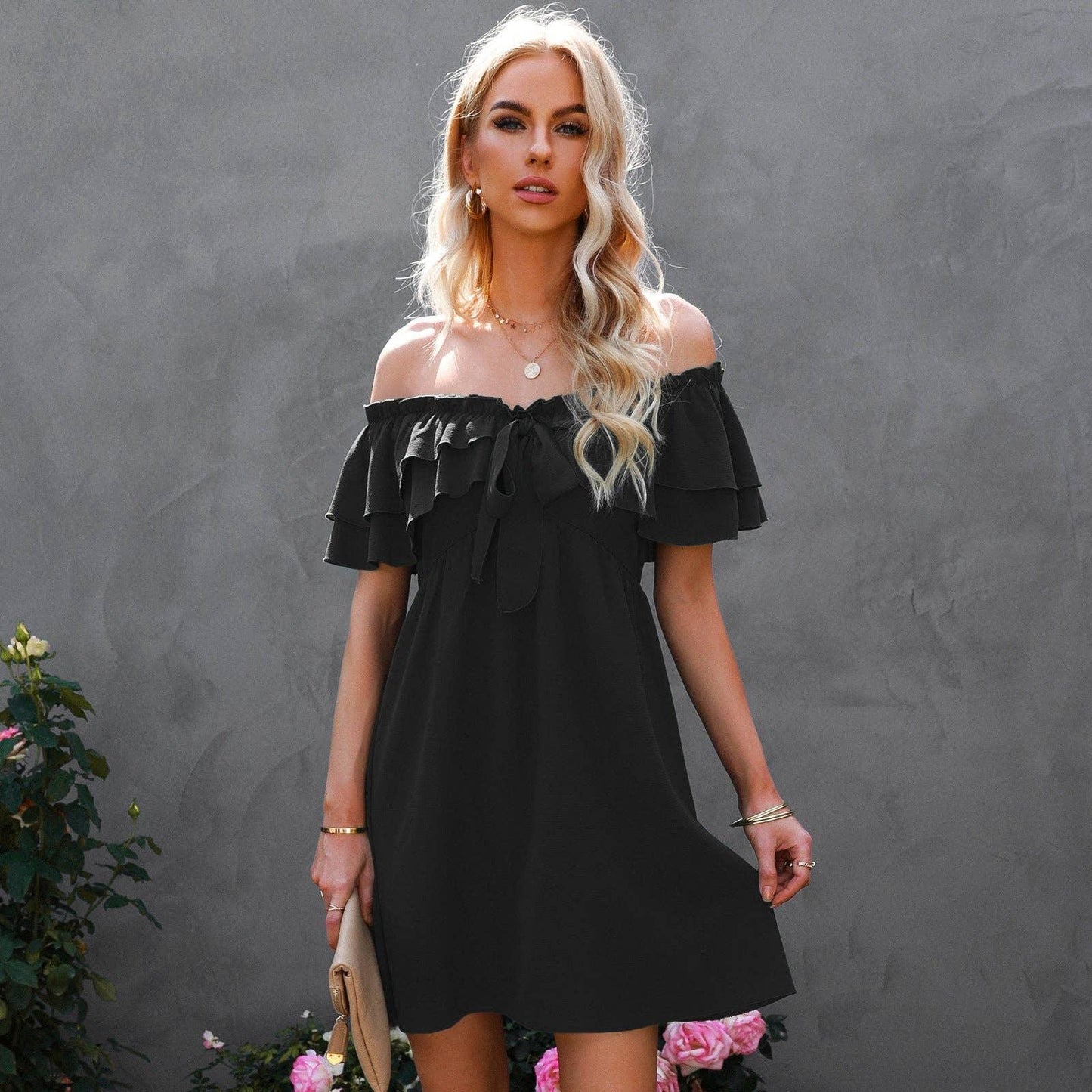 Off Shoulder Ruffle Tie Trim Dress - Southern Sassy Boutique