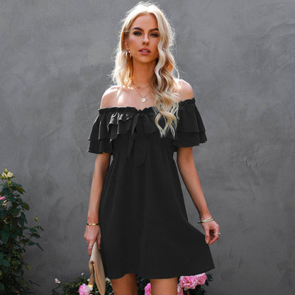 Off Shoulder Ruffle Tie Trim Dress - Southern Sassy Boutique