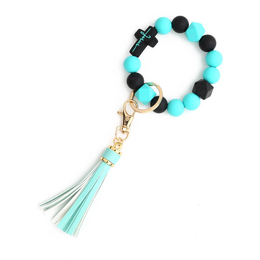 Cross Color-Block Silicone Bead Bracelet Keychain