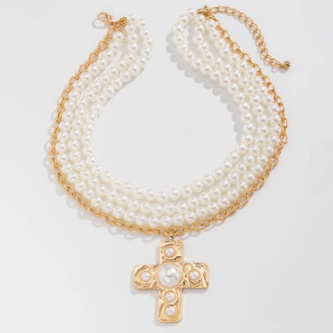 Multi Wrap Pearl Beaded Cross Charm Necklace