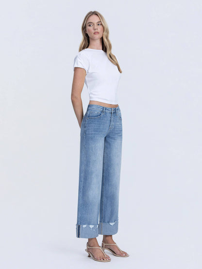 HIGH RISE MEDIUM WASH CUFFED WIDE JEANS LV1604