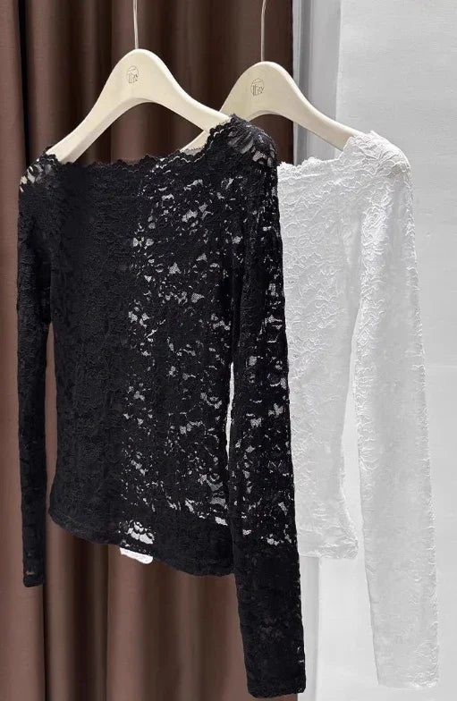 Off the shoulder Sheer Mesh Floral Lace Layering fitted Top - Southern Sassy Boutique