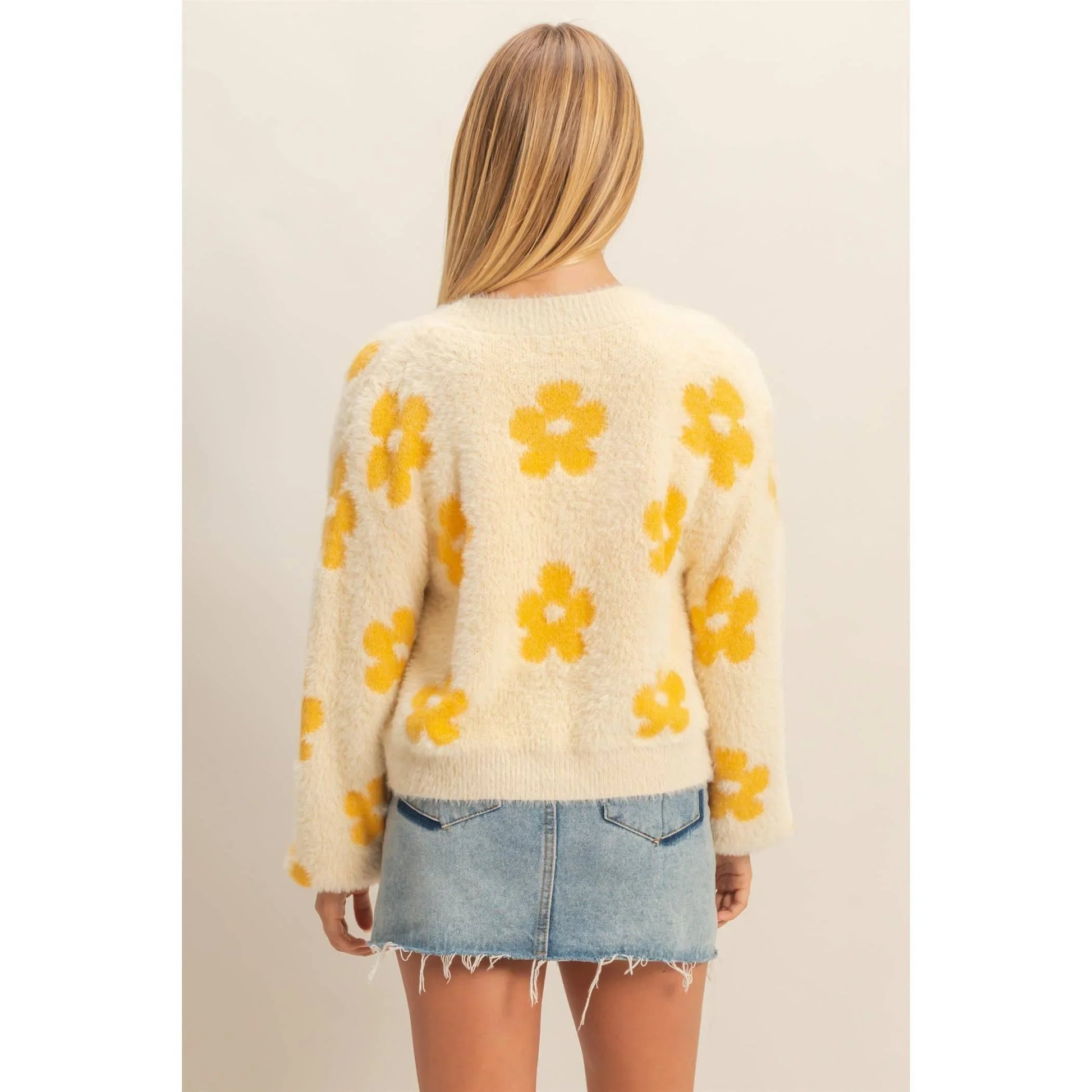 Floral Pattern Fuzzy Sweater Cardigan - Southern Sassy Boutique