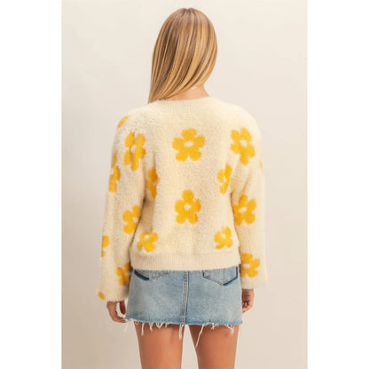 Floral Pattern Fuzzy Sweater Cardigan - Southern Sassy Boutique