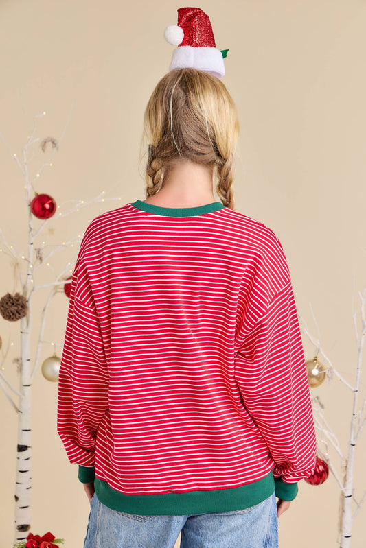 Holly Jolly Patchwork Over Stripe Pullover