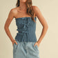 FRONT BOW DETAILED DENIM SMOCKED STRAPLESS TOP