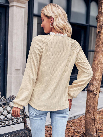 Textured Long Sleeve Blouse with Lace Detail - Southern Sassy Boutique