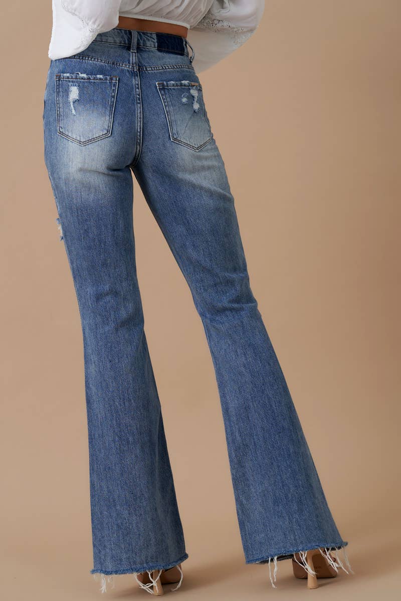 High Rise Front Slit Flare Distressed Denim