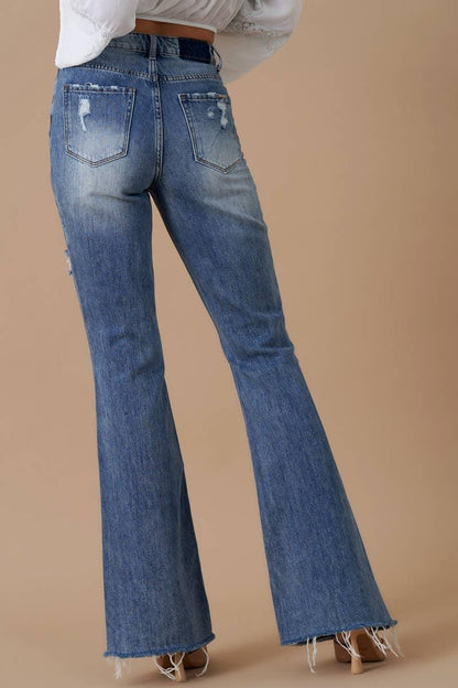 High Rise Front Slit Flare Distressed Denim - Southern Sassy Boutique