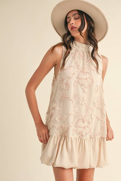 BUBBLE HEM EMBELLISHED MIXED MEDIA MINI DRESS