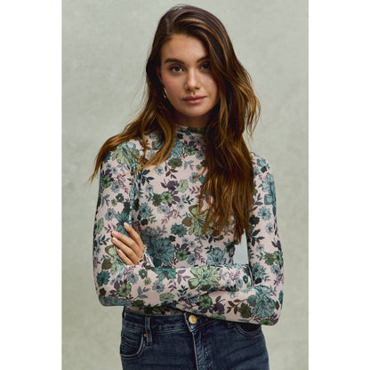 Floral Print Mesh Knit Long Sleeve Top