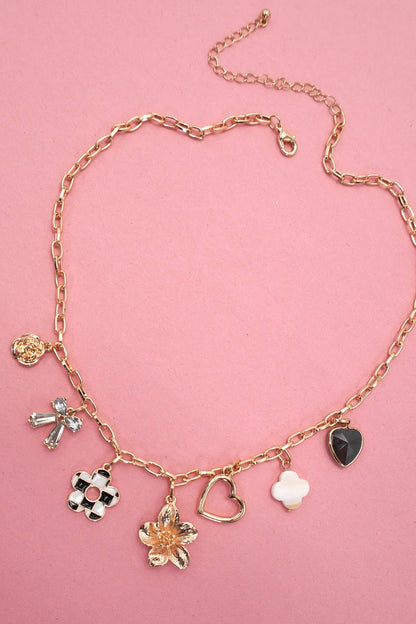 CHARM NECKLACE-BOW CHECKER HEART RHINESTONE | 80N92053