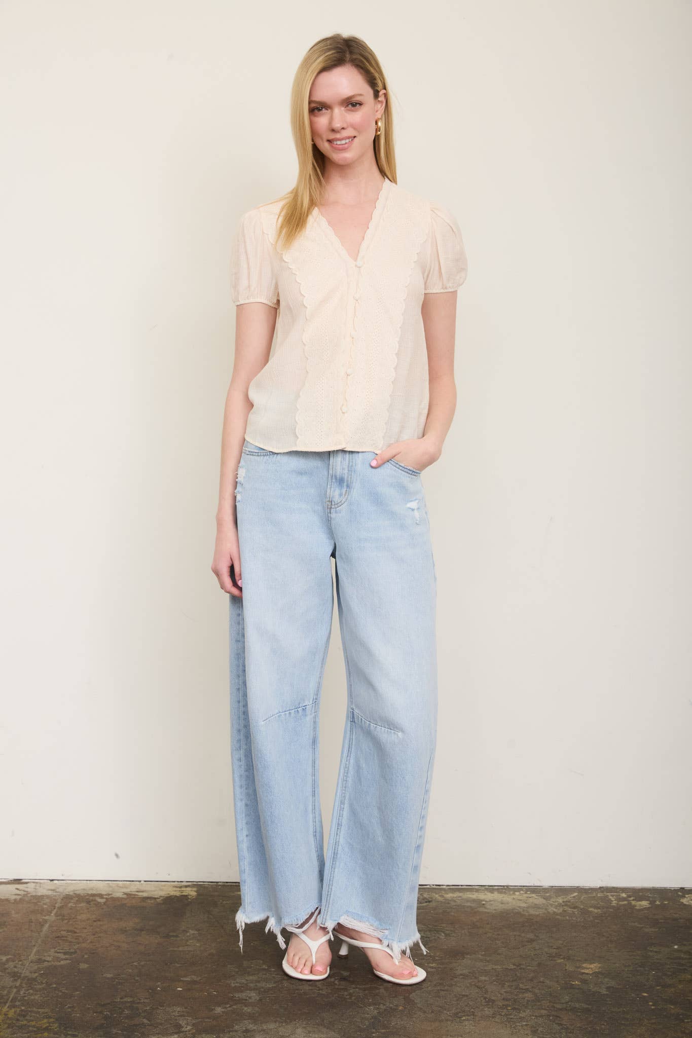 PLUS SCALLOP TRIM V NECK EDGE LACE BUTTON DOWN TOP