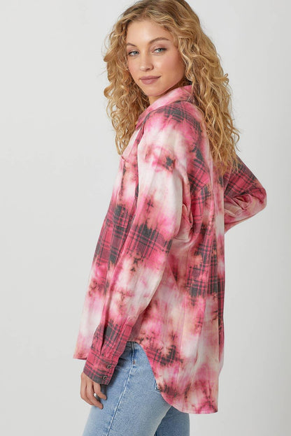 Bleach Dyed Plaid Shacket - Southern Sassy Boutique