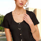 Stretchy Brushed Waffle Knit Short Sleeve Button Top