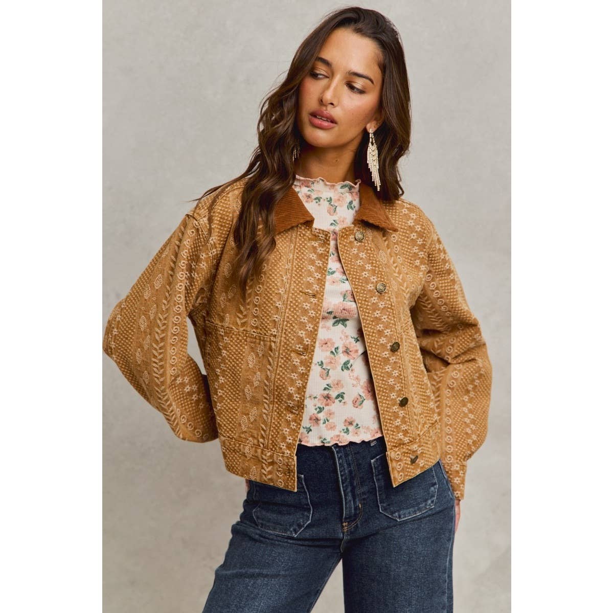 Floral Pattern Twill Corduroy Collar Denim Jacket