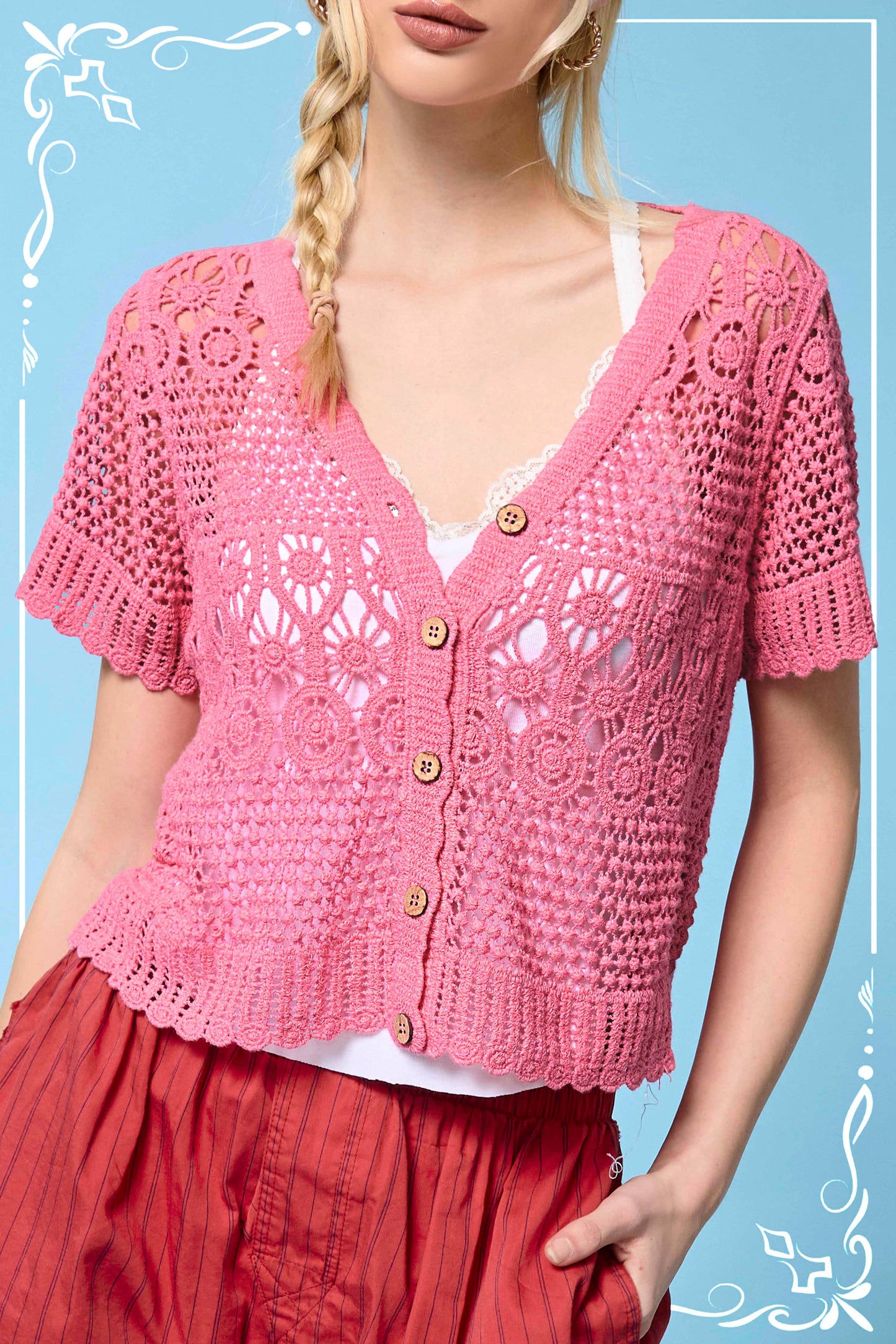 Open Knit Scallop Edge Button Down Cardigan
