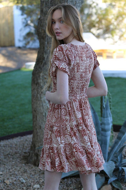 V NECK SMOCKED BODICE DRESS - Southern Sassy Boutique