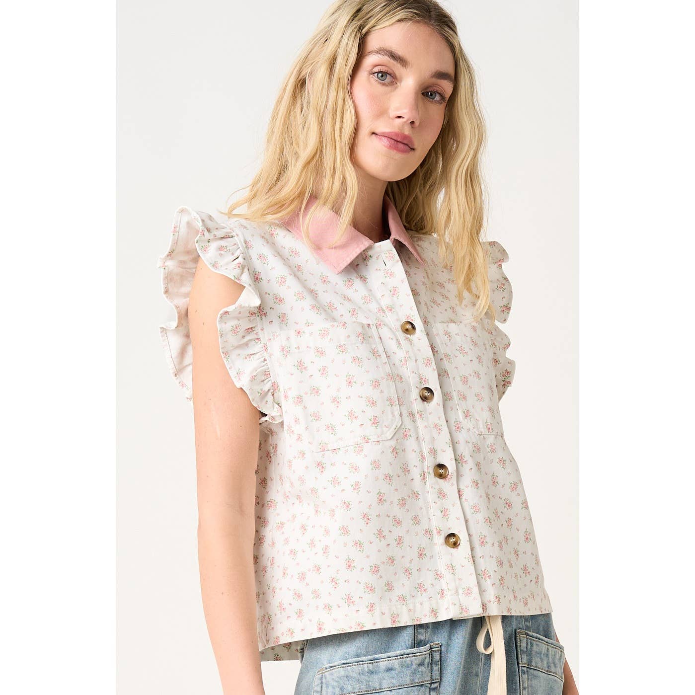 Floral Print with Ruffle sleeves Vest