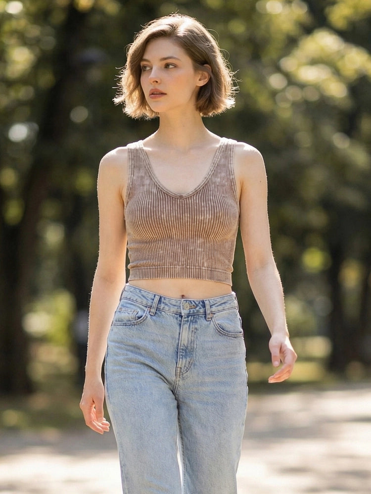 Washed Ribbed Cropped Seamless Bra Tank Top