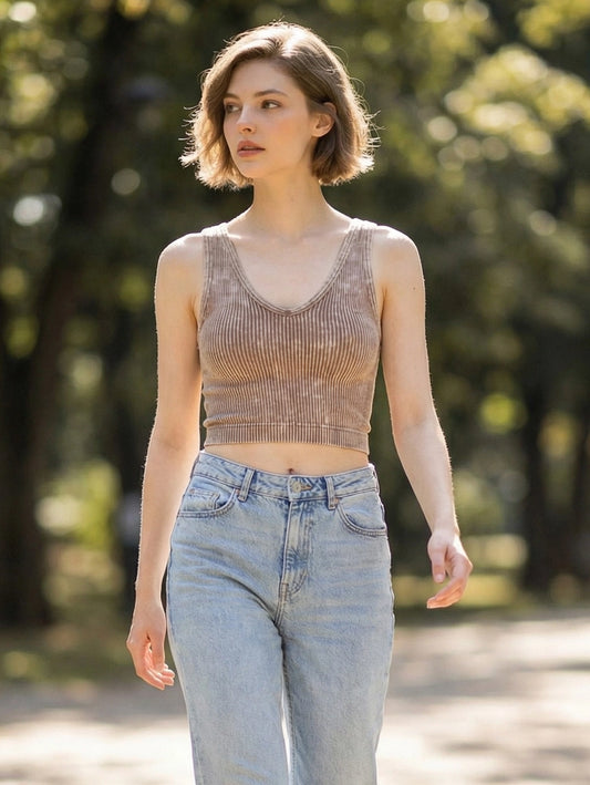 Washed Ribbed Cropped Seamless Bra Tank Top