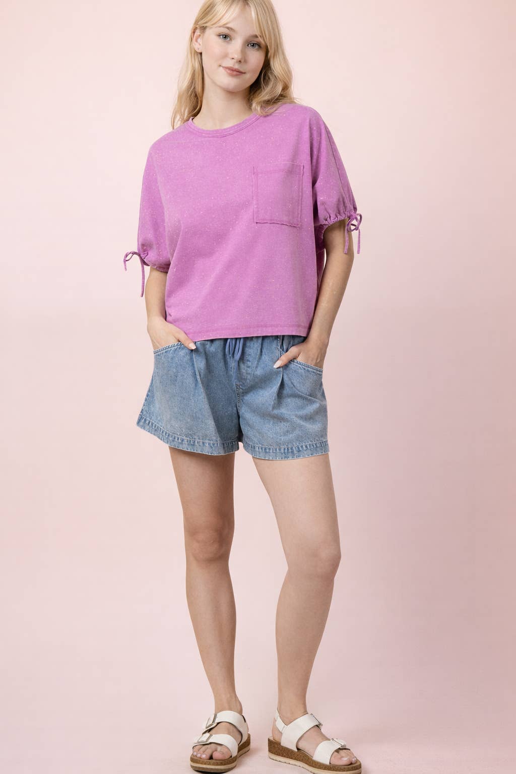Curvy Elastic Waist Washed Chambray Shorts