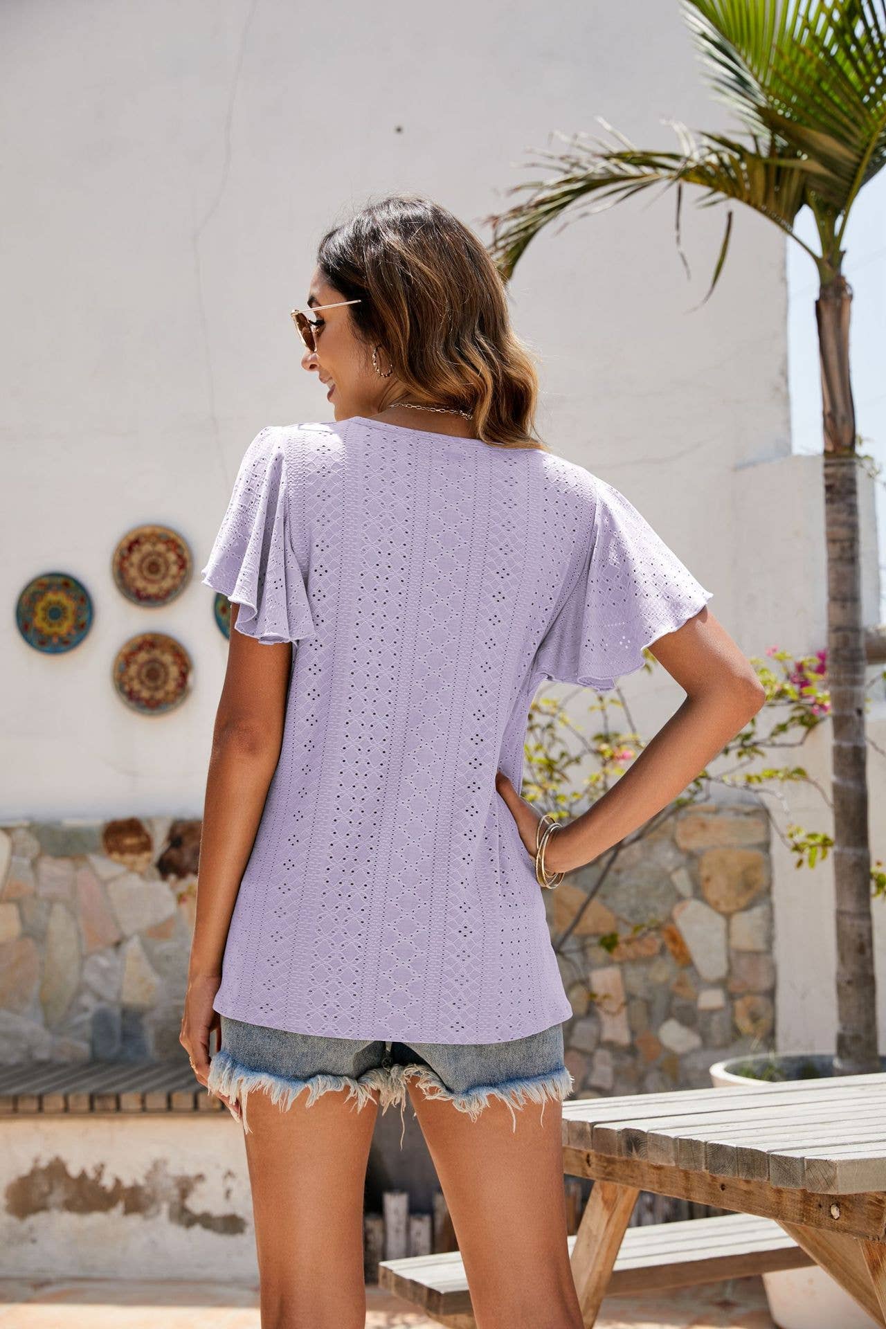 Pointelle Flutter Sleeve Knit Top