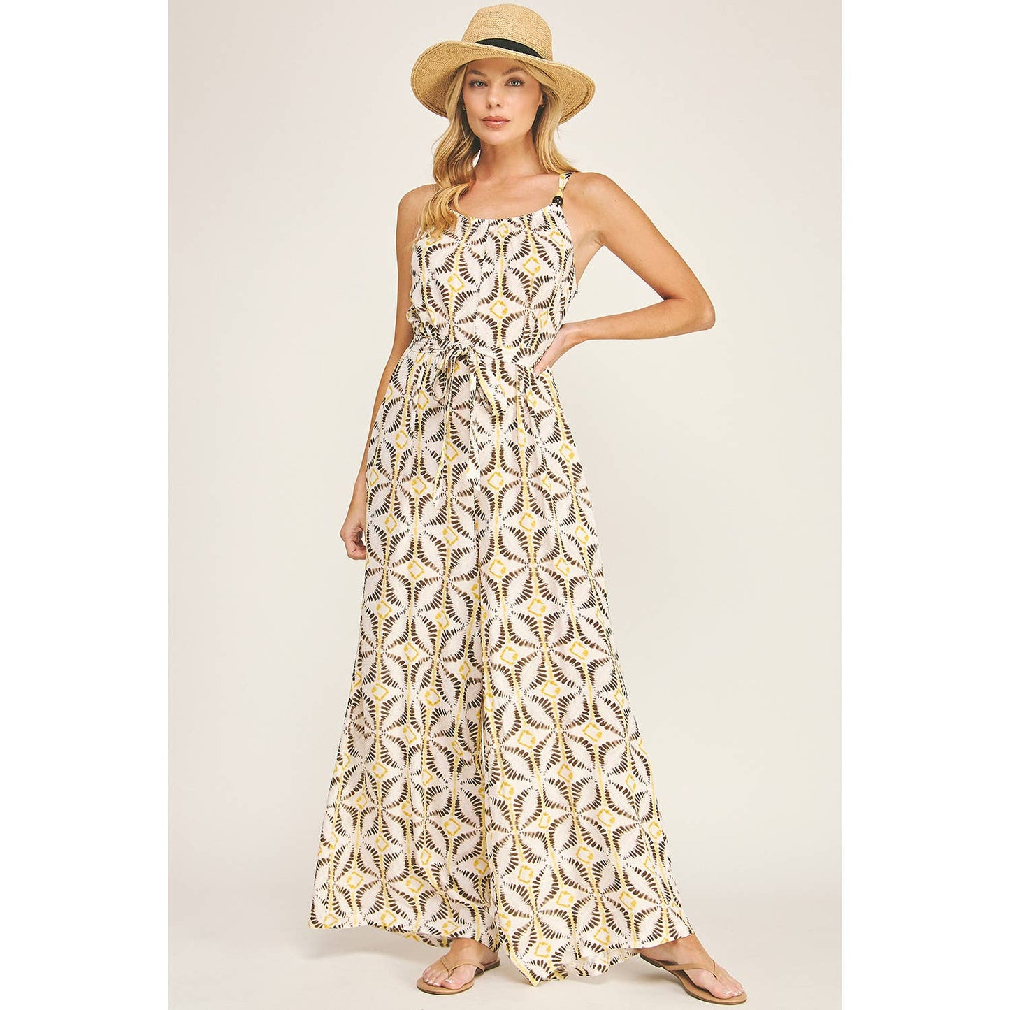 Tie Waist Wide Leg Jumpsuit with Bead Detail