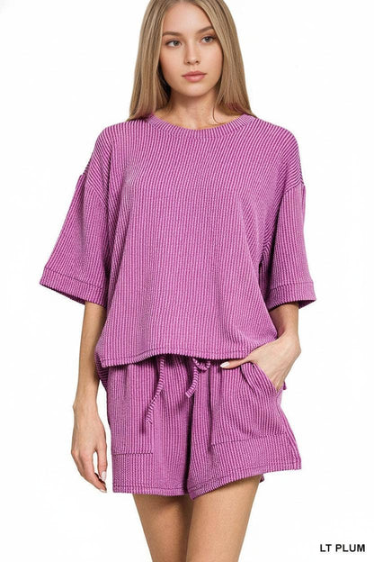 Ribbed Half Sleeve Tee & Short Pants 2PC Set