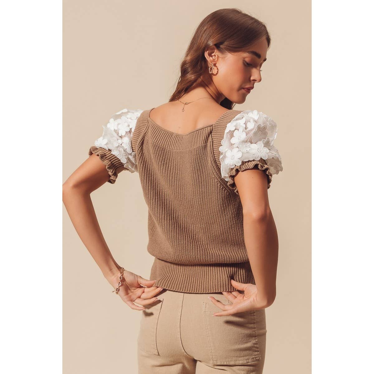 Floral Lace Puff Sleeve Square Neck Sweater