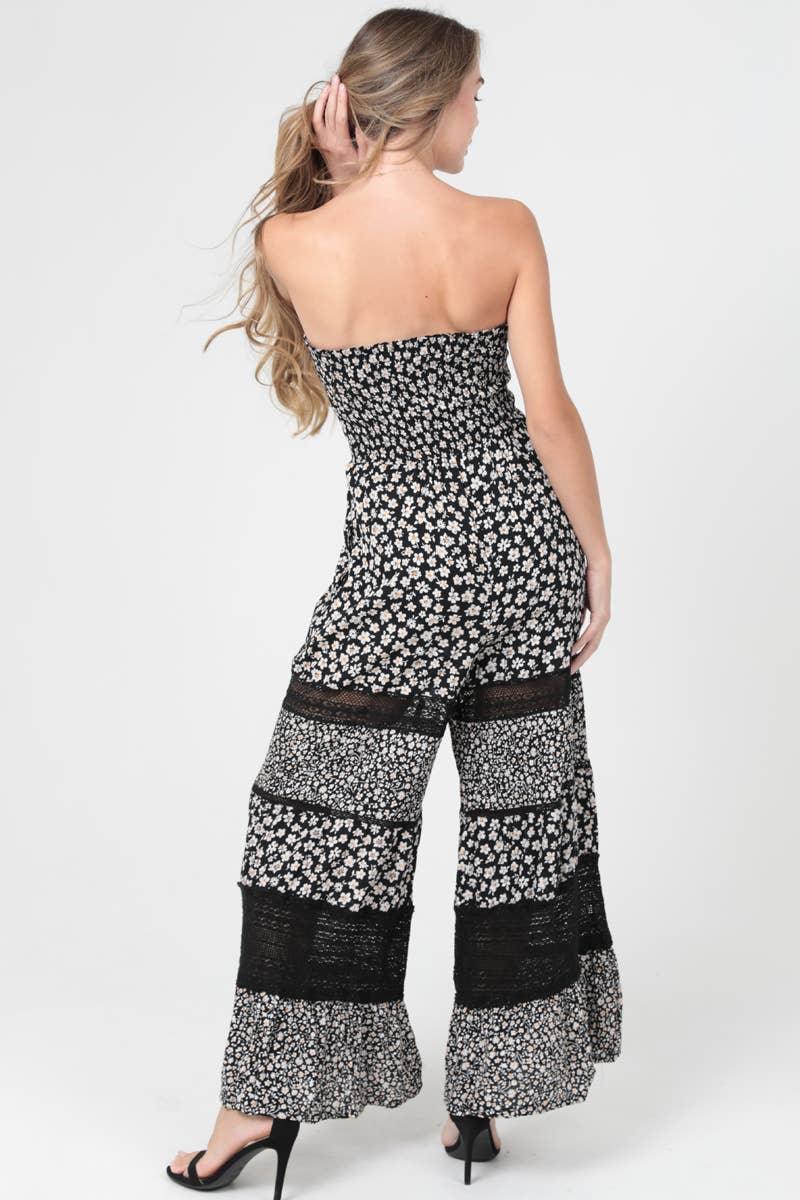 SMOCKED BODICE STRAPLESS LACE TRIM JUMPSUIT