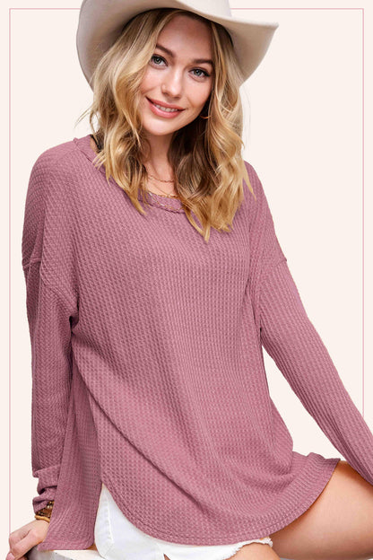 Brushed Waffle Fabric Loose Fit Long Sleeve Top - Southern Sassy Boutique