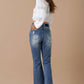 High Rise Front Slit Flare Distressed Denim