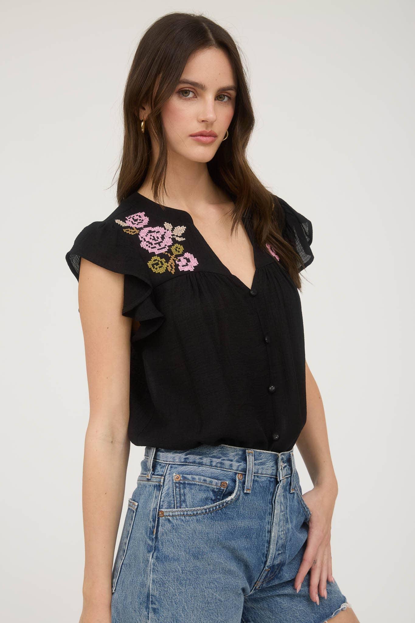FLORAL EMBROIDERY BUTTON DOWN SHORT SLEEVE TOP - Southern Sassy Boutique