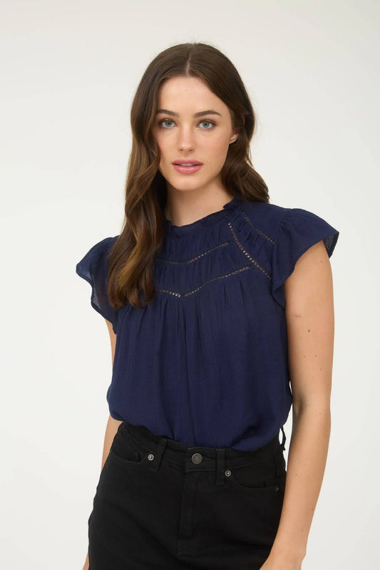 LINE LACE TRIM RUFFLE DETAIL SHORT SLEEVE BLOUSE - Southern Sassy Boutique