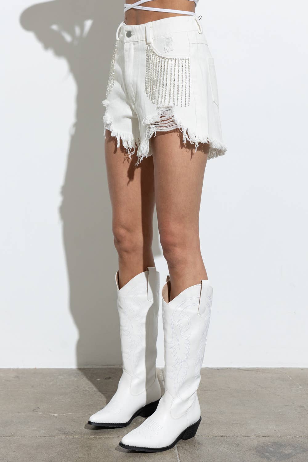 Distressed Frayed Detail Fringe Rhinestone Denim