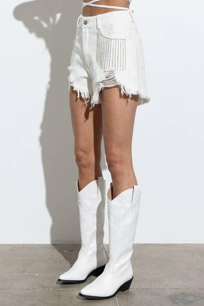 Distressed Frayed Detail Fringe Rhinestone Denim - Southern Sassy Boutique