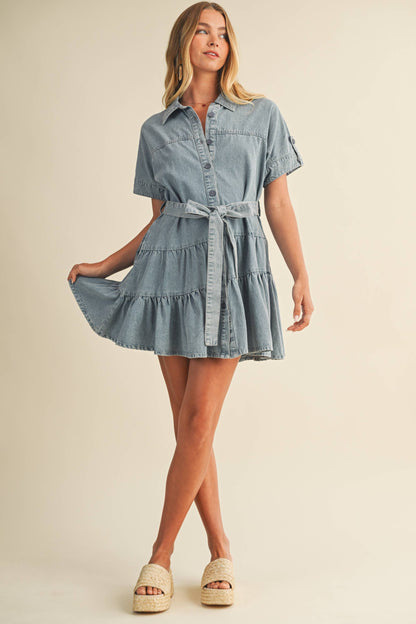 RUFFLE TIERED DENIM DRESS